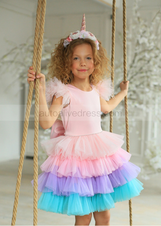 Multicolor Satin Tulle Unicorn Flower Girl Dress